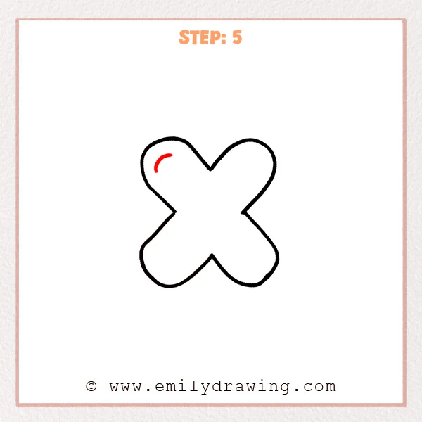 how to draw a bubble letter x - Step 5 of a bubble letter X drawing adds a small curved highlight mark inside the top-left section, suggesting shine on the rounded bubble shape.